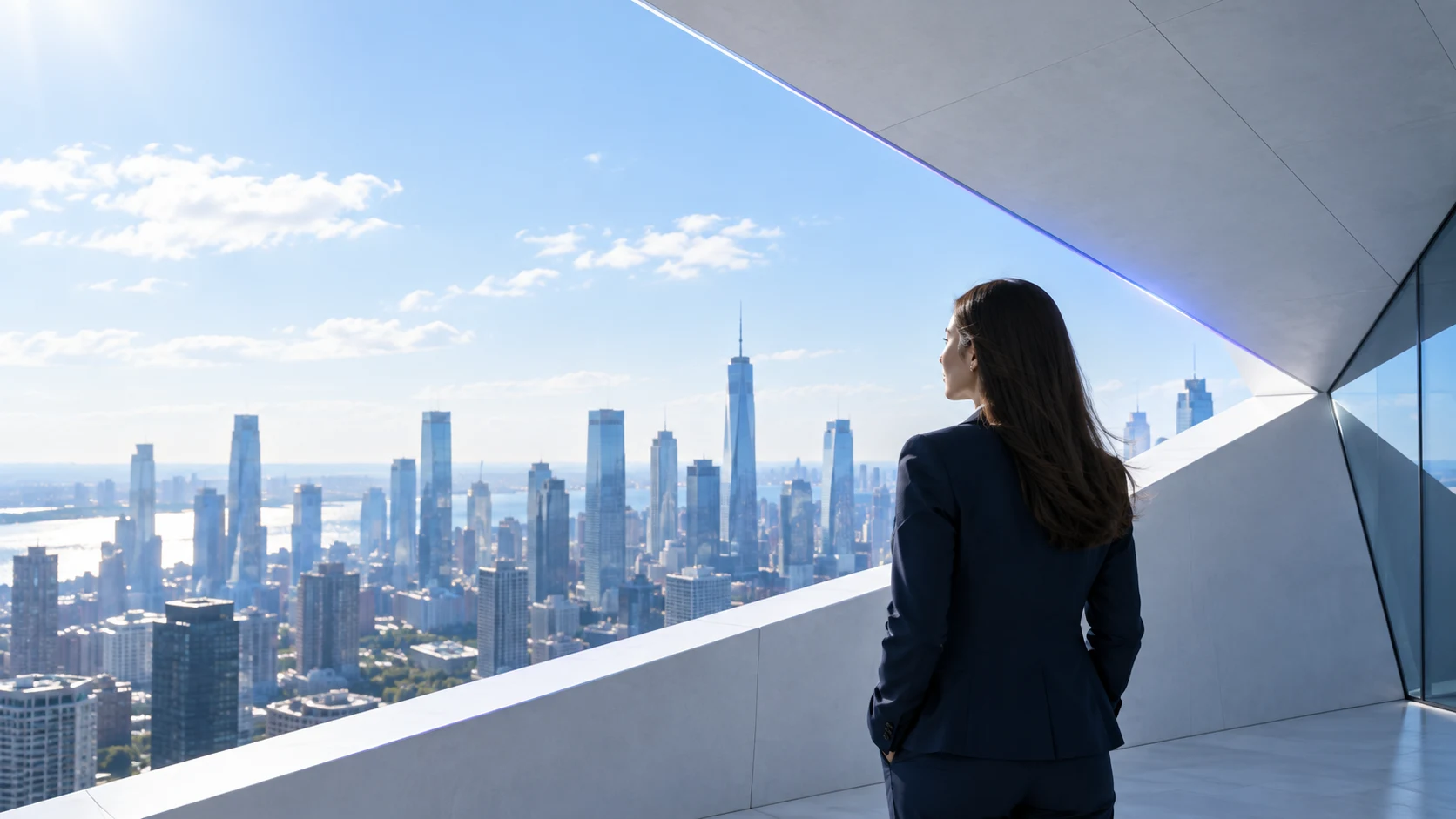 A professional looking towards a bright city through an angular architectural opening